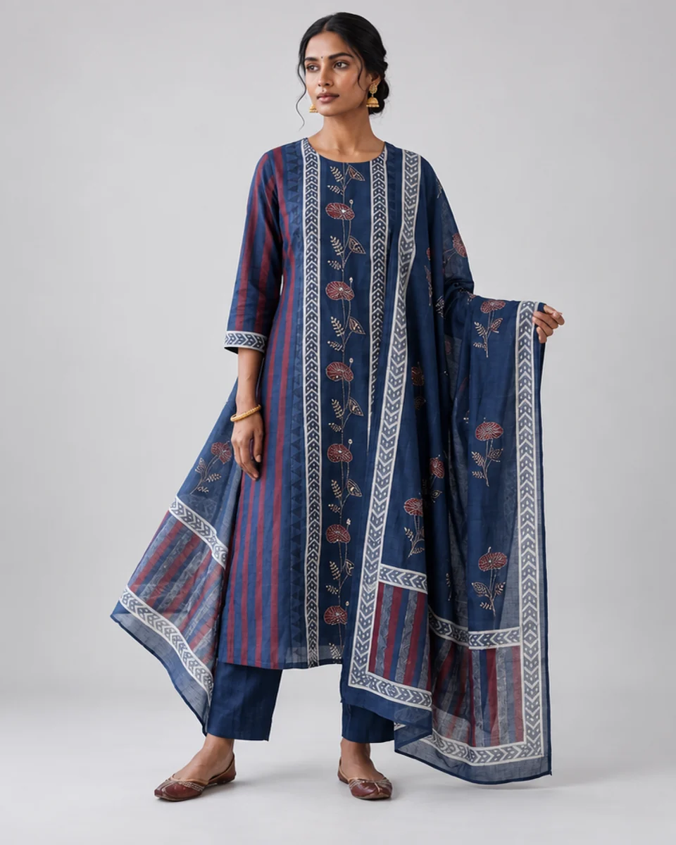 Indigo Striped Kurta Set, worn by a model
