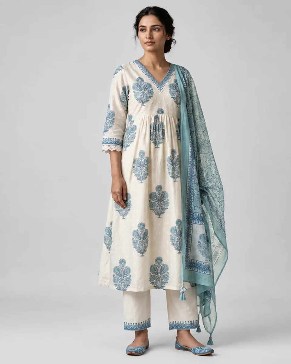 Ivory Block-Print Kurta Set, worn by a model