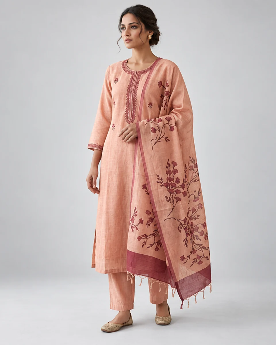 Peach Embroidered Kurta Set, worn by a model