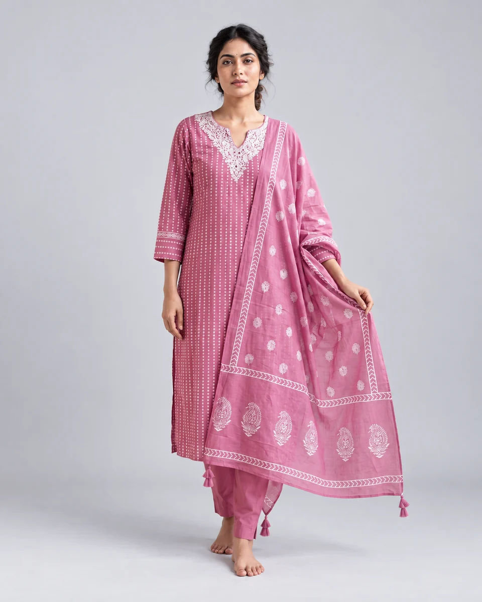 Pink Bandhani Kurta Set, worn by a model