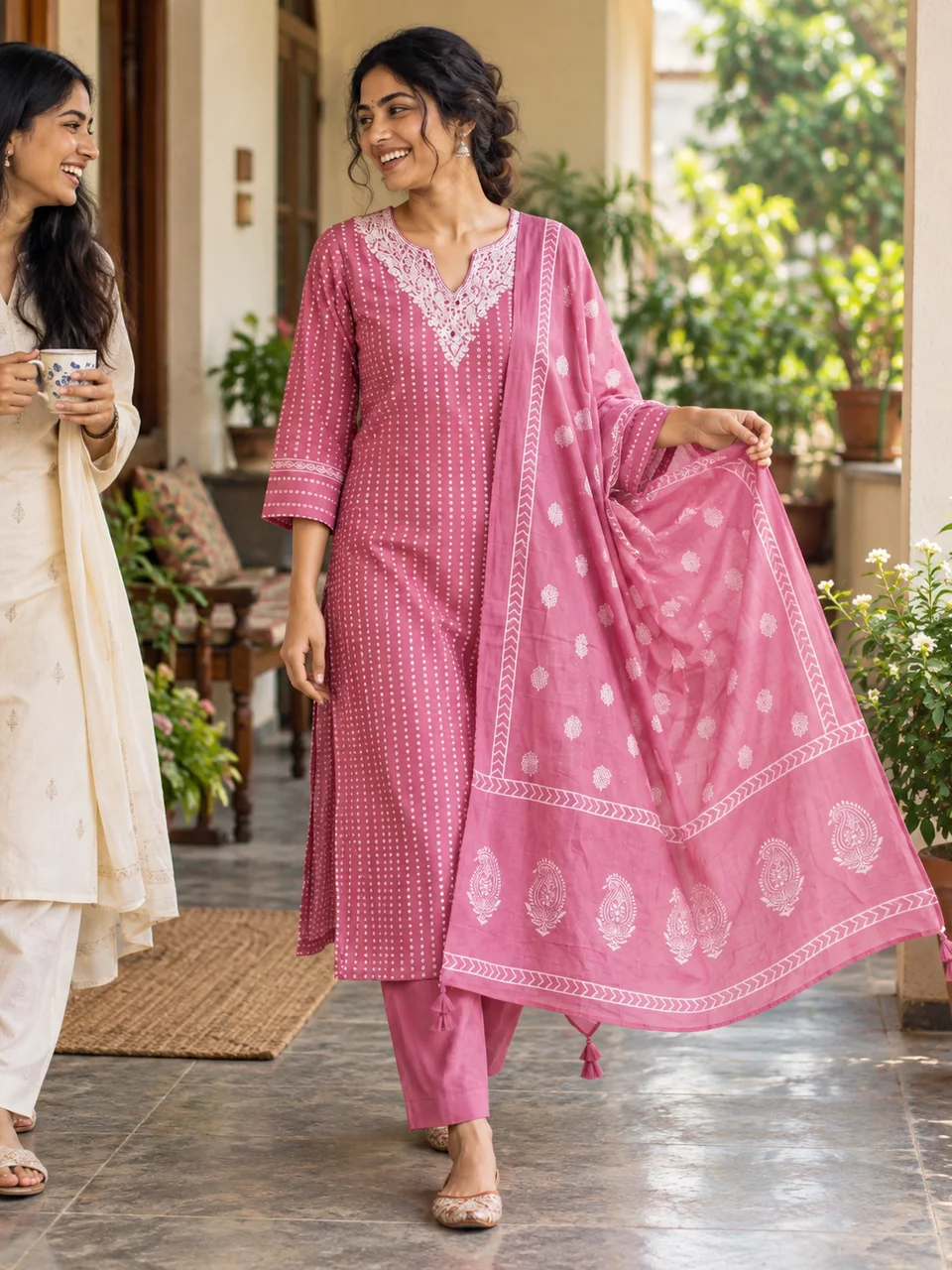 Friends laughing together in a pink bandhani kurta set on a sunny verandah